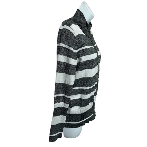 Questions Metallic Cardigan Sweater Sz Petite Large Striped Black White Full Zip - Picture 7 of 9